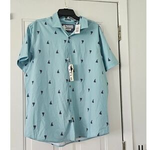 Tallwoods Button Up Shirt Mens XL Light Blue New Sailboat Print 4-Way Stretch